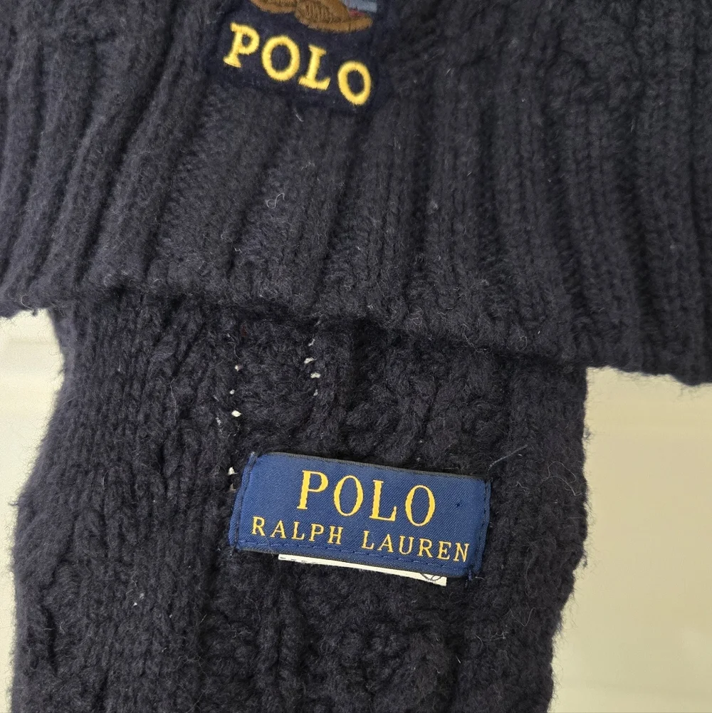 Polo Ralph Lauren Aran St. Andrew Bear Scarf Embroidered Navy Blue Cable Knit
